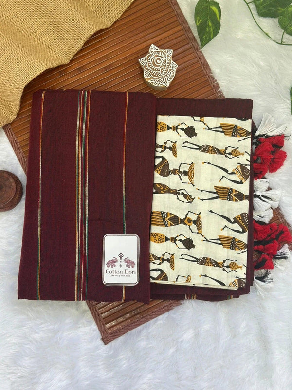 Brown cotton handloom saree with kalamkari printed blouse - Cotton Dori