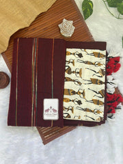 Brown cotton handloom saree with kalamkari printed blouse - Cotton Dori