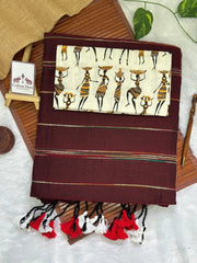 Brown cotton handloom saree with kalamkari printed blouse - Cotton Dori