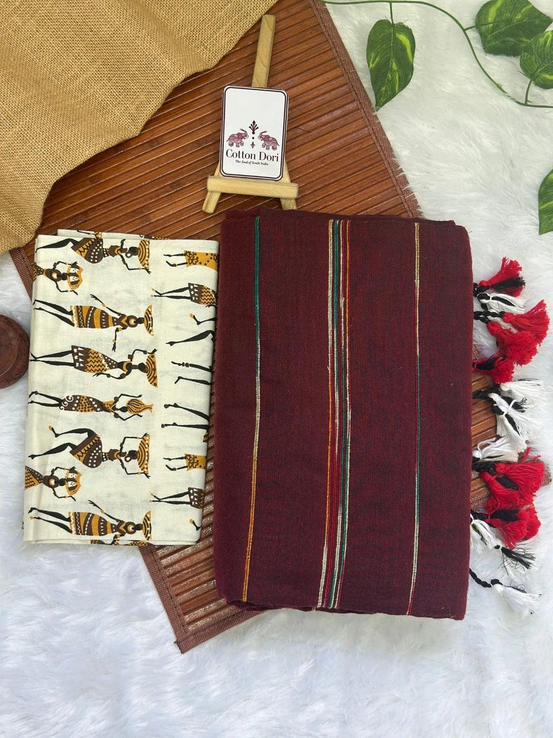 Brown cotton handloom saree with kalamkari printed blouse