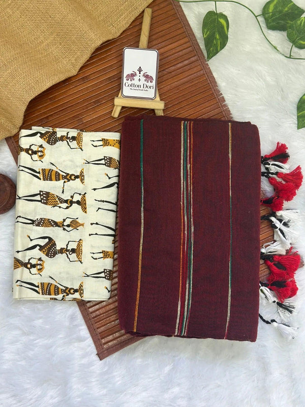 Brown cotton handloom saree with kalamkari printed blouse - Cotton Dori