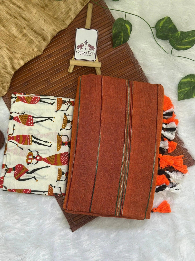 Burnt orange cotton handloom saree with kalamkari printed blouse