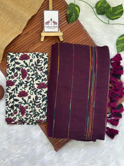 Wine cotton handloom ghicha stripes saree with flower printed blouse - Cotton Dori
