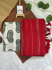 Rose red cotton handloom saree with beautiful printed blouse - Cotton Dori