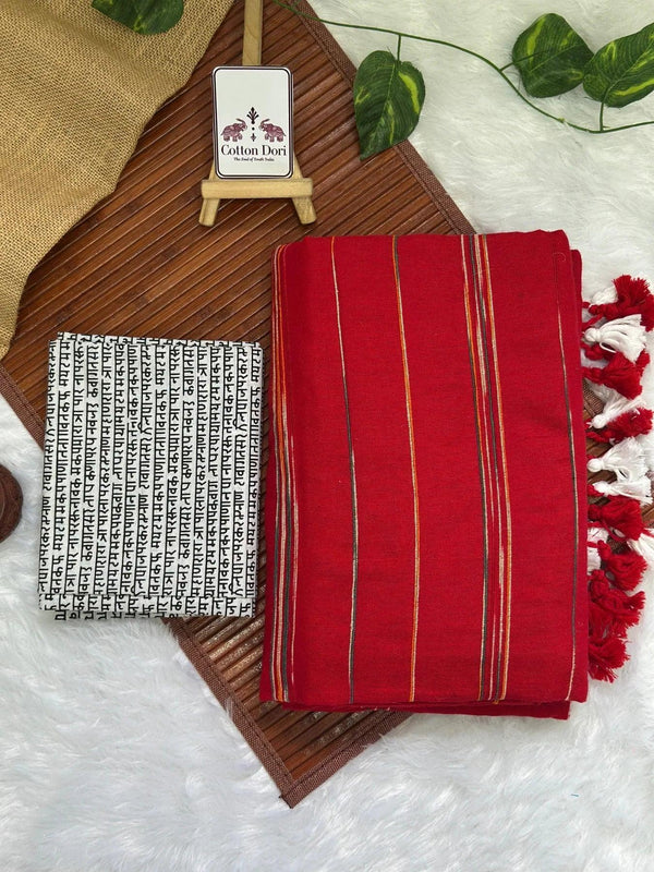 Ruby red cotton handloom ghicha stripes saree with stunning printed blouse - Cotton Dori
