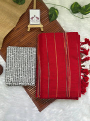 Ruby red cotton handloom ghicha stripes saree with stunning printed blouse - Cotton Dori