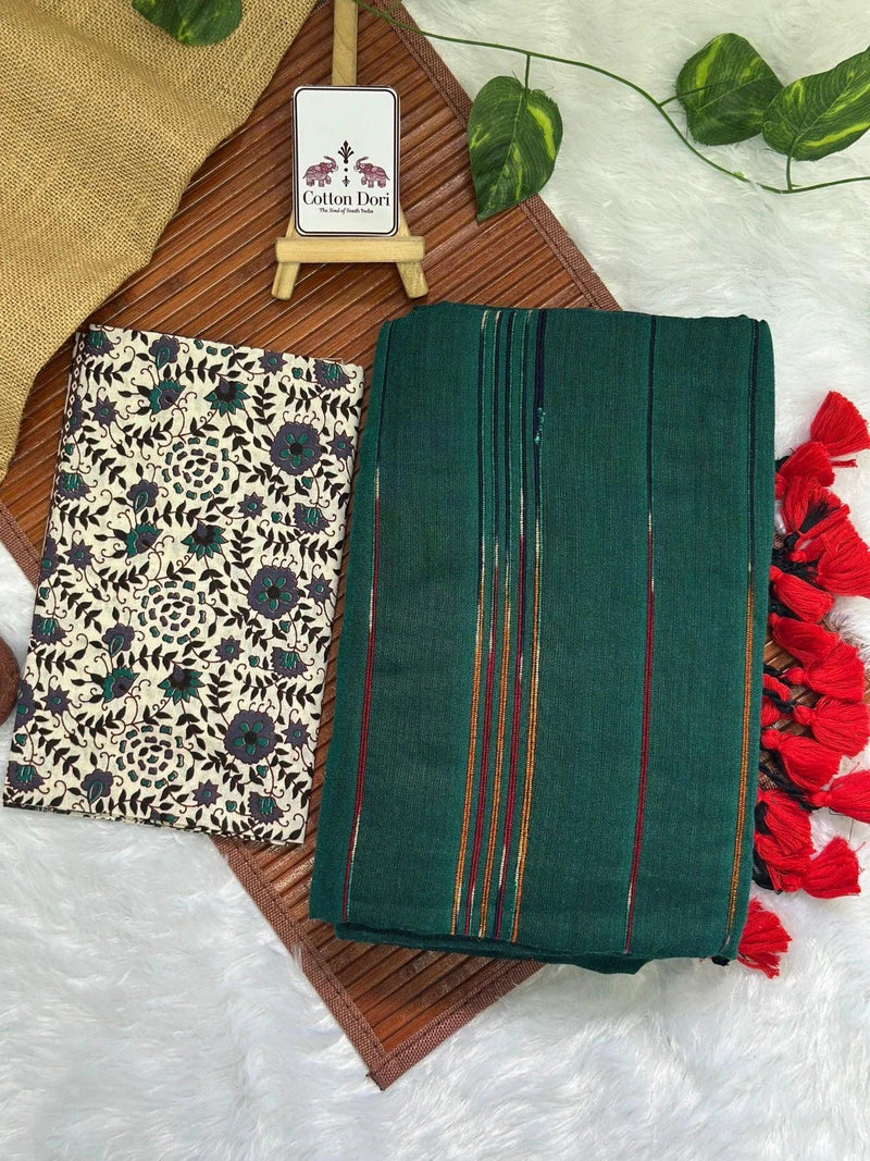 Rama green cotton handloom saree with floral printed blouse