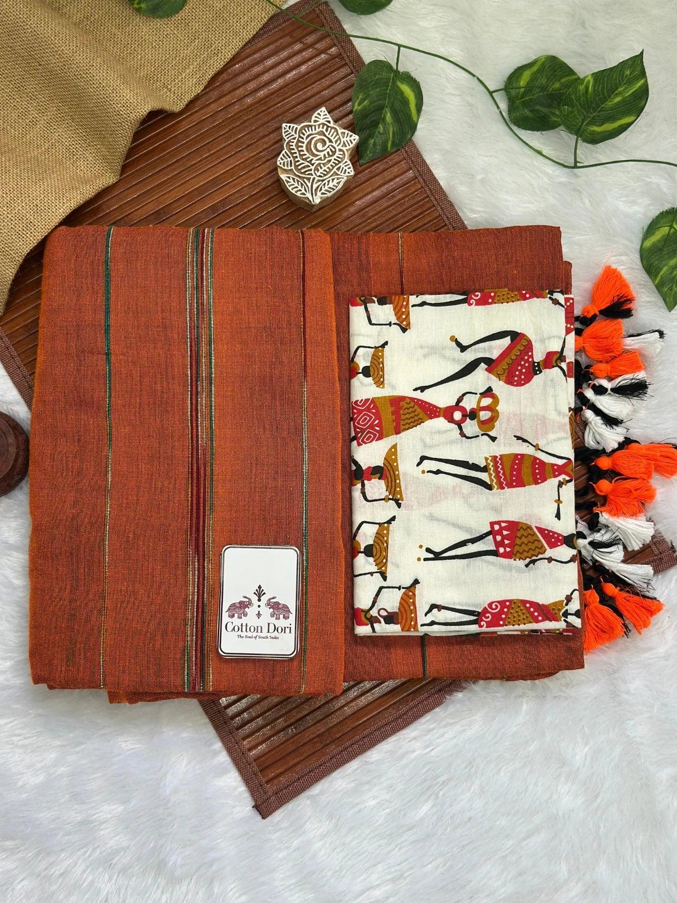 Burnt orange cotton handloom saree with kalamkari printed blouse - Cotton Dori