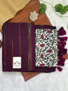 Wine cotton handloom ghicha stripes saree with flower printed blouse