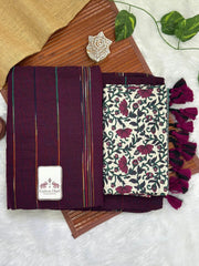 Wine cotton handloom ghicha stripes saree with flower printed blouse - Cotton Dori