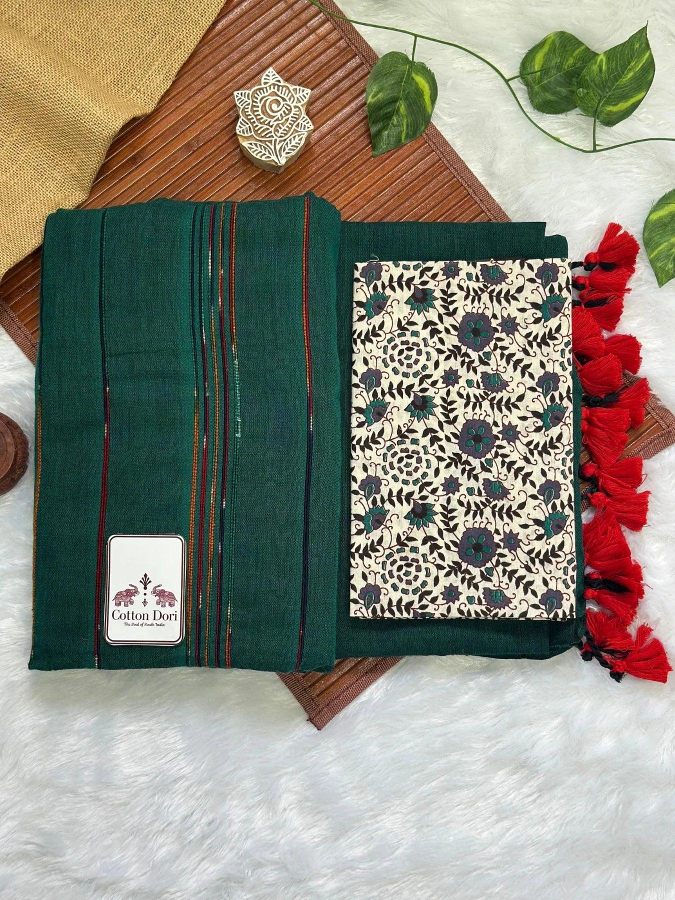 Rama green cotton handloom saree with floral printed blouse - Cotton Dori
