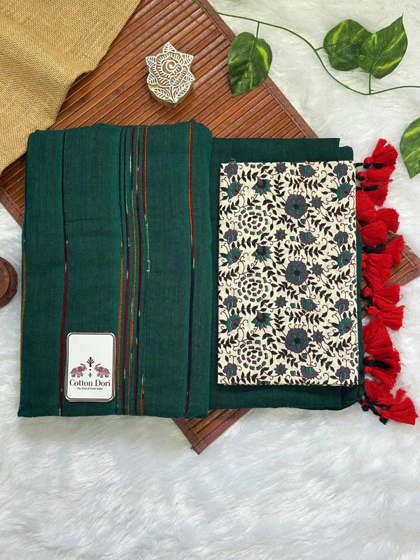Rama green cotton handloom saree with floral printed blouse - Cotton Dori
