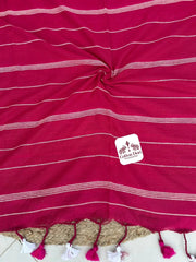 Deep pink cotton handloom saree with flower printed blouse - Cotton Dori