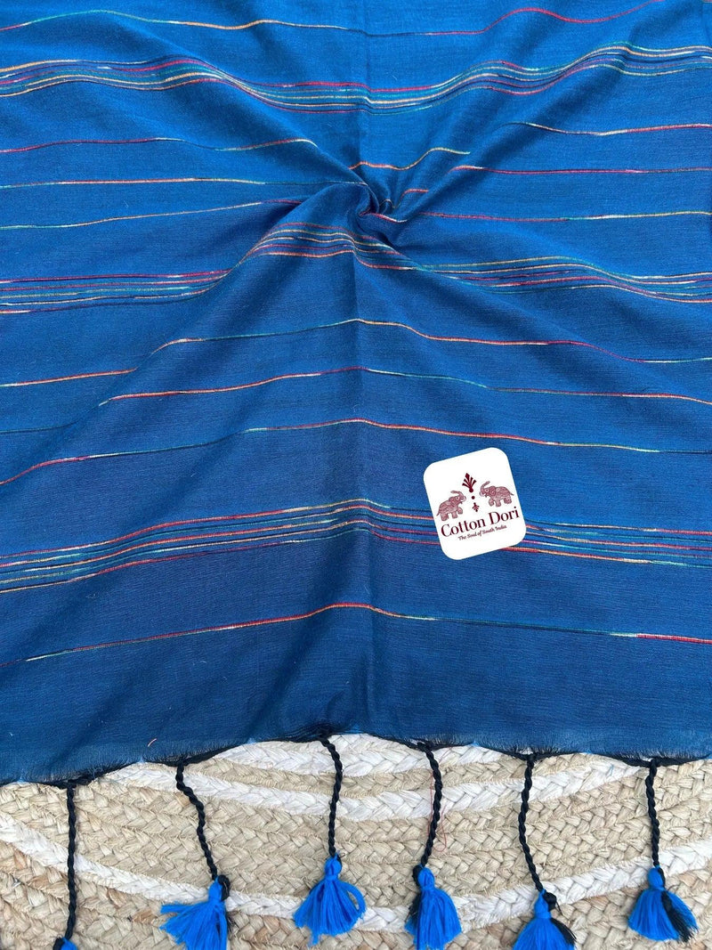 Deep teal blue cotton handloom saree with flower printed blouse - Cotton Dori