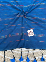 Deep teal blue cotton handloom saree with flower printed blouse - Cotton Dori