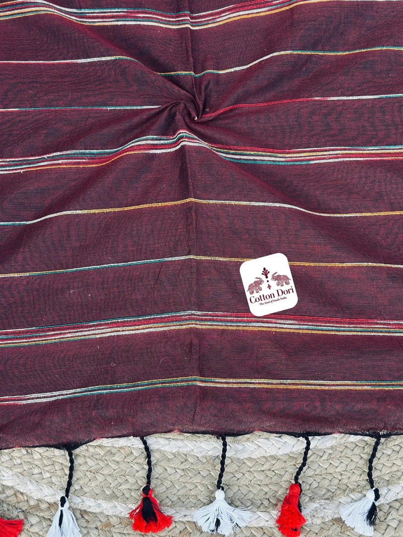 Brown cotton handloom saree with kalamkari printed blouse - Cotton Dori