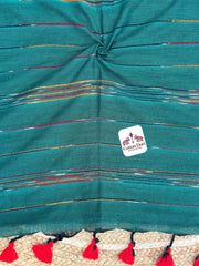 Rama green cotton handloom saree with floral printed blouse - Cotton Dori