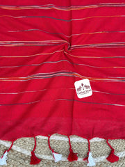Ruby red cotton handloom ghicha stripes saree with stunning printed blouse - Cotton Dori