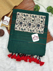 Rama green cotton handloom saree with floral printed blouse - Cotton Dori