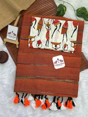 Burnt orange cotton handloom saree with kalamkari printed blouse - Cotton Dori
