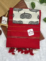 Rose red cotton handloom saree with beautiful printed blouse - Cotton Dori