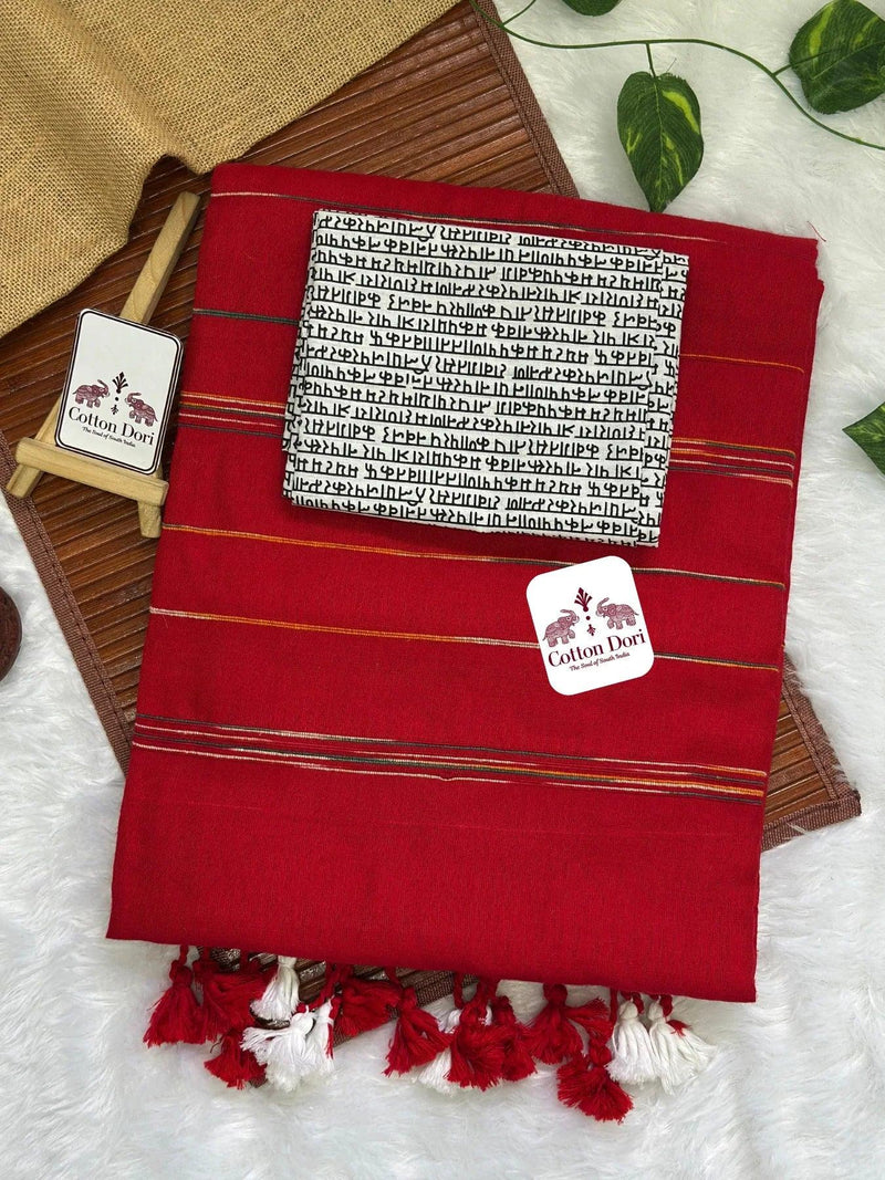 Ruby red cotton handloom ghicha stripes saree with stunning printed blouse - Cotton Dori