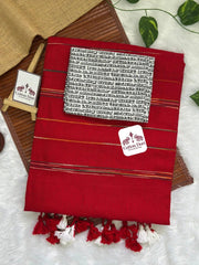 Ruby red cotton handloom ghicha stripes saree with stunning printed blouse - Cotton Dori
