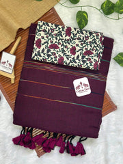 Wine cotton handloom ghicha stripes saree with flower printed blouse - Cotton Dori