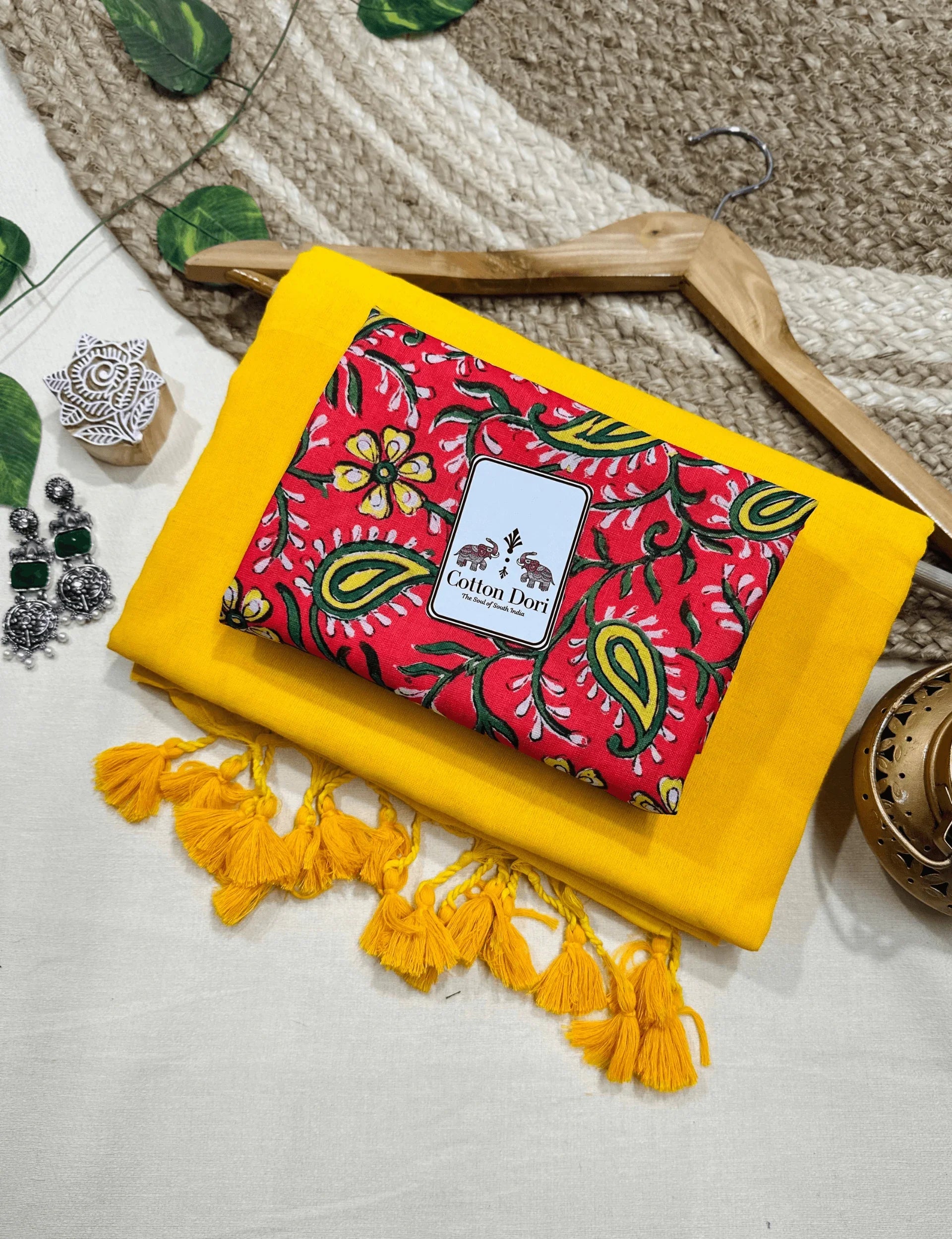 Premium Handloom Cotton Saree - Marigold yellow cotton saree with red printed blouse - Cotton Dori