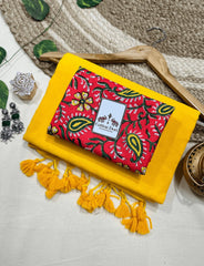 Premium Handloom Cotton Saree - Marigold yellow cotton saree with red printed blouse - Cotton Dori
