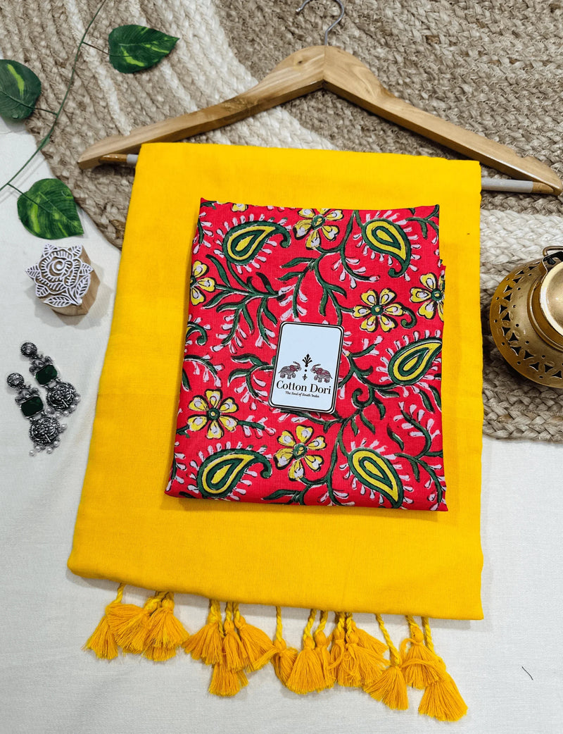 Premium Handloom Cotton Saree - Marigold yellow cotton saree with red printed blouse