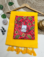Premium Handloom Cotton Saree - Marigold yellow cotton saree with red printed blouse - Cotton Dori