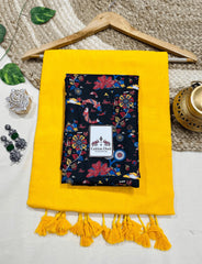 Premium Handloom Cotton Saree - Sunflower yellow handloom cotton saree with black blouse - Cotton Dori