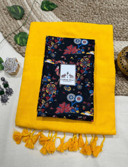Premium Handloom Cotton Saree - Sunflower yellow handloom cotton saree with black blouse - Cotton Dori