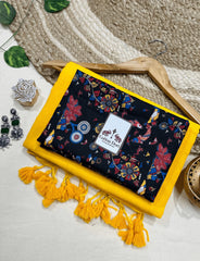Premium Handloom Cotton Saree - Sunflower yellow handloom cotton saree with black blouse - Cotton Dori