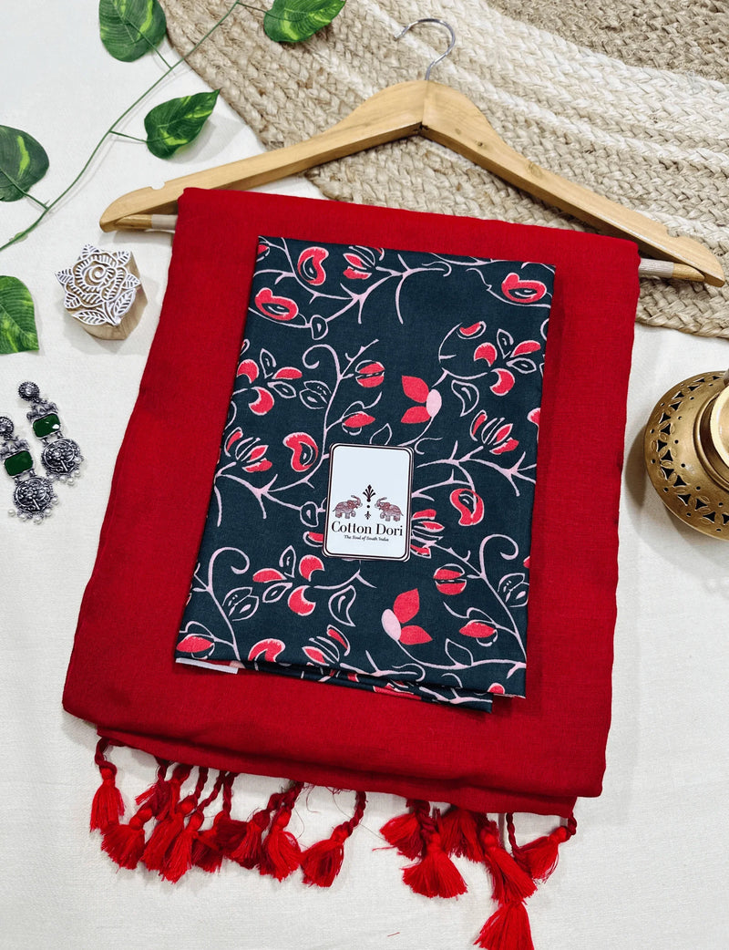 Premium Handloom Cotton Saree - Ruby red cotton saree with black printed blouse