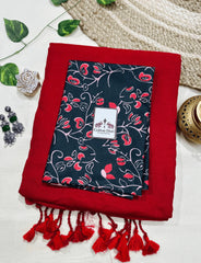 Premium Handloom Cotton Saree - Ruby red cotton saree with black printed blouse - Cotton Dori