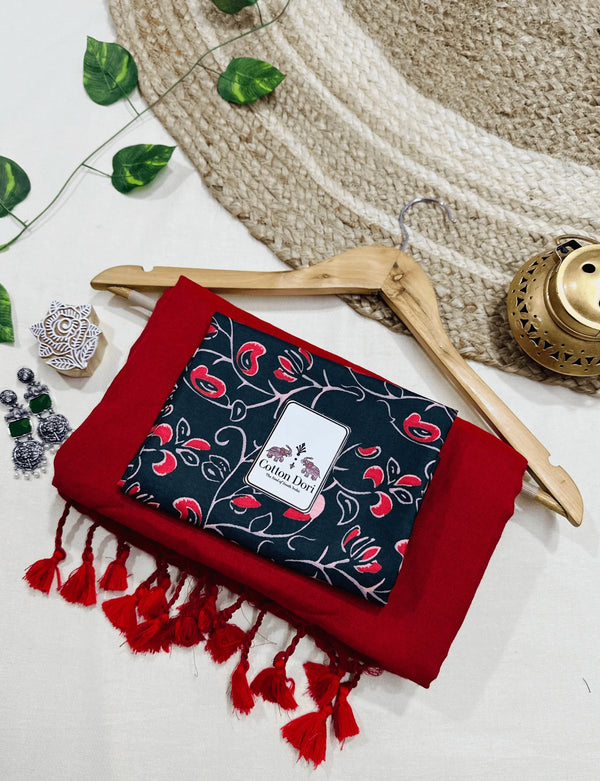 Premium Handloom Cotton Saree - Ruby red cotton saree with black printed blouse - Cotton Dori