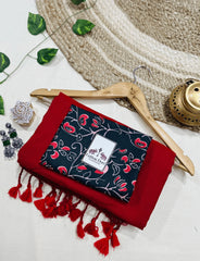 Premium Handloom Cotton Saree - Ruby red cotton saree with black printed blouse - Cotton Dori