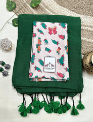 Premium Handloom Cotton Saree - Emerald Green handloom cotton saree with cream printed blouse - Cotton Dori