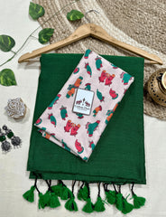Premium Handloom Cotton Saree - Emerald Green handloom cotton saree with cream printed blouse - Cotton Dori
