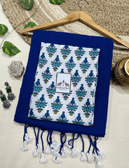 Premium Handloom Cotton Saree - Rich Royal Blue cotton saree with white printed blouse - Cotton Dori