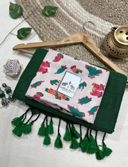 Premium Handloom Cotton Saree - Emerald Green handloom cotton saree with cream printed blouse - Cotton Dori