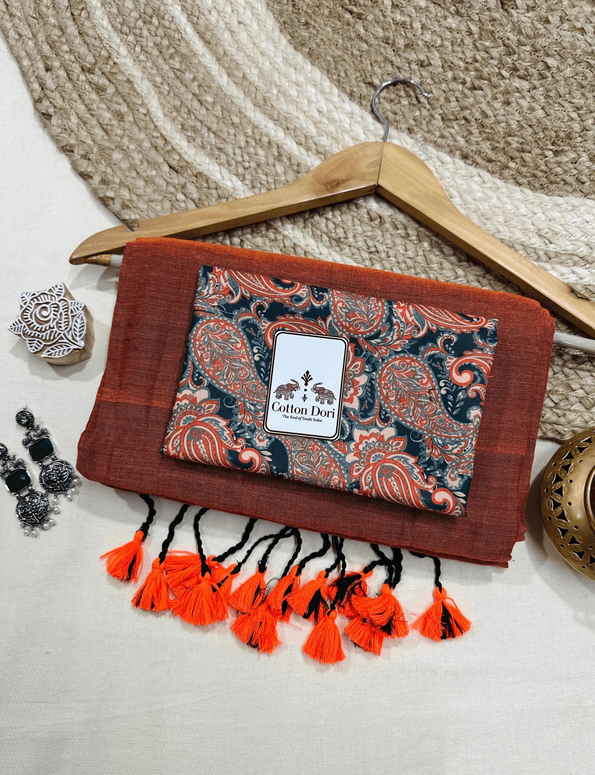 Premium Handloom Cotton Saree - Rust orange cotton saree with printed blouse - Cotton Dori