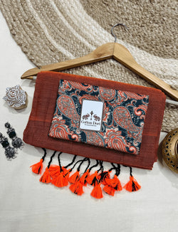 Premium Handloom Cotton Saree - Rust orange cotton saree with printed blouse - Cotton Dori