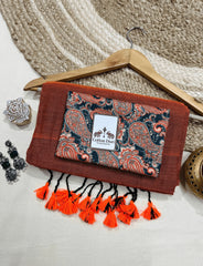 Premium Handloom Cotton Saree - Rust orange cotton saree with printed blouse - Cotton Dori