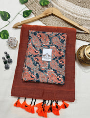Premium Handloom Cotton Saree - Rust orange cotton saree with printed blouse - Cotton Dori