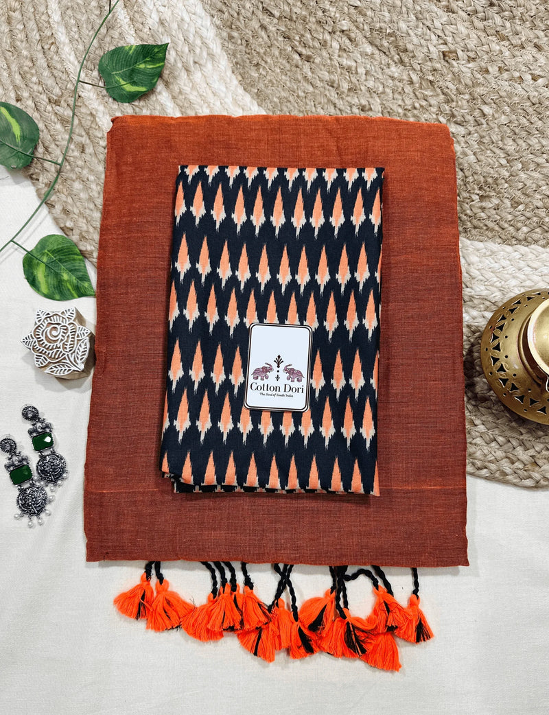 Premium Handloom Cotton Saree - Georgeous orange handloom cotton saree with black printed blouse - Cotton Dori