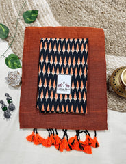 Premium Handloom Cotton Saree - Georgeous orange handloom cotton saree with black printed blouse - Cotton Dori
