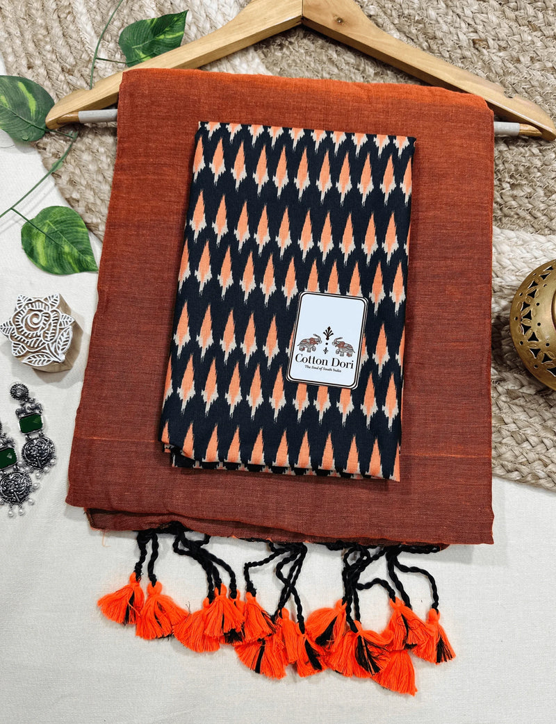 Premium Handloom Cotton Saree - Georgeous orange handloom cotton saree with black printed blouse